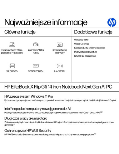Hp Elitebook X Flip G1I Next Gen Ai Copilot+ Pc Intel Core Ultra 7 258V Hybryda (2W1) 35,6 Cm (14") Ekran Dotykowy 2.5K 32 Gb Lp