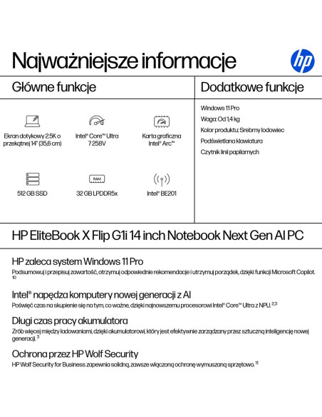 Hp Elitebook X Flip G1I Next Gen Ai Copilot+ Pc Intel Core Ultra 7 258V Hybryda (2W1) 35,6 Cm (14") Ekran Dotykowy 2.5K 32 Gb Lp