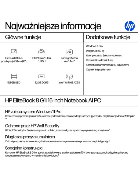 Hp Elitebook 8 G1I Ai Pc Intel Core Ultra 5 225U Laptop 40,6 Cm (16") Wuxga 32 Gb Ddr5-Sdram 512 Gb Ssd Wi-Fi 6E (802.11Ax) Wind