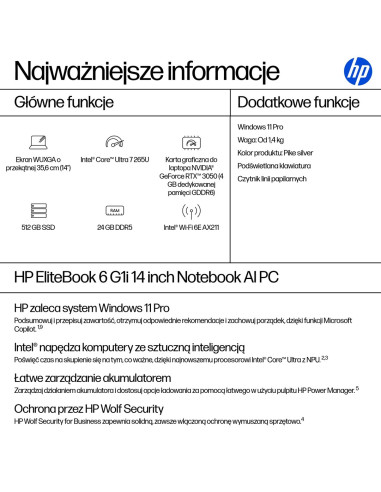 Hp Elitebook 6 G1I Ai Pc Intel Core Ultra 7 265U Laptop 35,6 Cm (14") Wuxga 24 Gb Ddr5-Sdram 512 Gb Ssd Wi-Fi 6E (802.11Ax) Wind