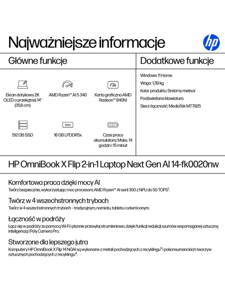 Hp Omnibook X Flip 2In1 14-Fk0020Nw Ryzen Ai 5 340 14"2K Oled 300Nits Lbl Glosy 16Gb Lpddr5X Ssd512 Radeon 840M Cam5Mp+Ir  59Wh 