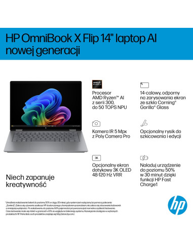 Hp Omnibook X Flip 2In1 14-Fk0020Nw Ryzen Ai 5 340 14"2K Oled 300Nits Lbl Glosy 16Gb Lpddr5X Ssd512 Radeon 840M Cam5Mp+Ir  59Wh 