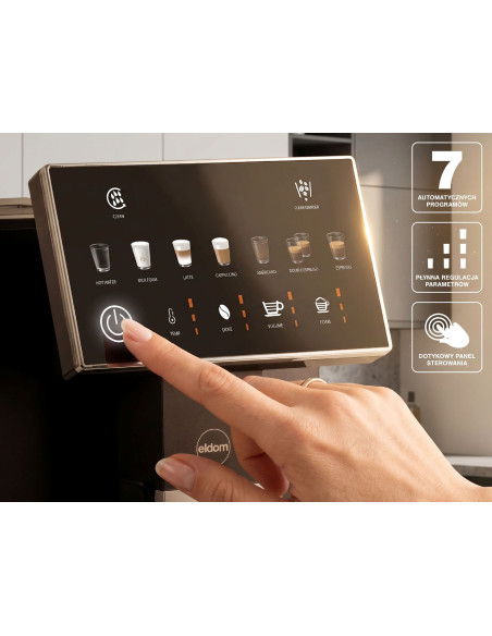 Eldom Ekspres Ciśnieniowy Automatyczny Eca10 20 Bar 7 Automatycznych Programów 1400W Pojemniki Mleko 075 L Woda 1,5 L