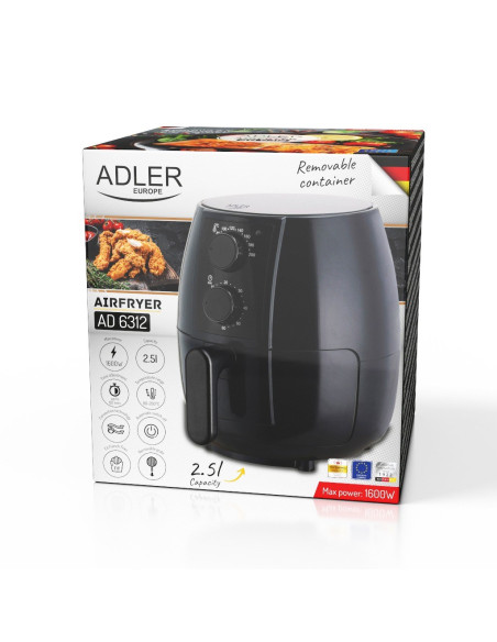 Frytkownica Beztłuszczowa Airfryer Adler Ad 6312 2,5 Litra Czarna
