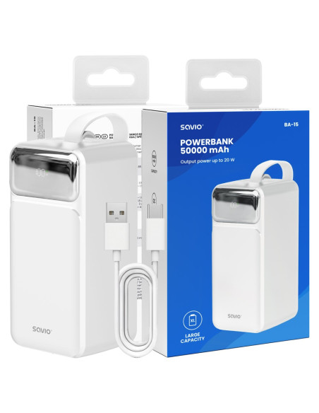 Savio Ba-15 Bank Mocy Litowo-Polimerowy (Lipo) 50000 Mah Biały