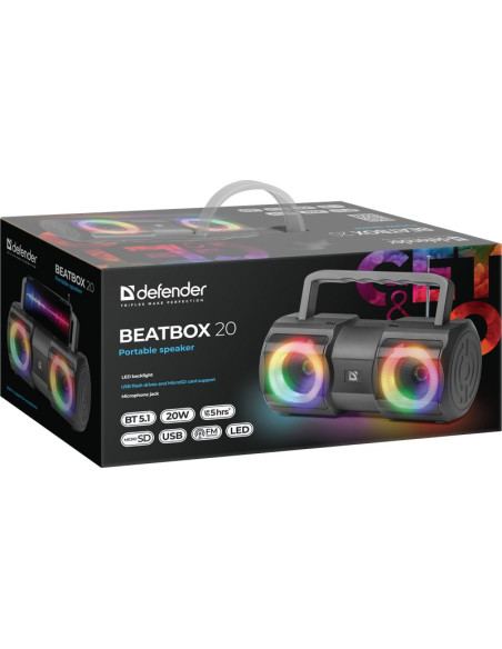 Głośnik Defender Beatbox 20 Bluetooth 20W Light/Bt/Mic/Fm/Usb/Tf
