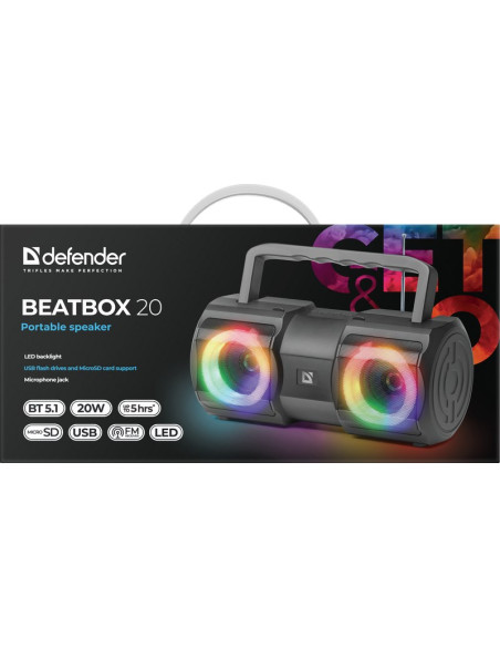 Głośnik Defender Beatbox 20 Bluetooth 20W Light/Bt/Mic/Fm/Usb/Tf