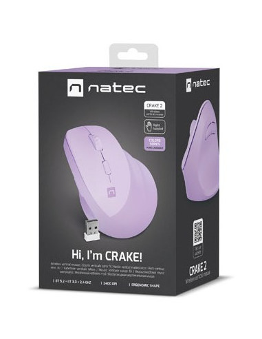 Mysz Wertykalna Natec Crake 2 Bezprzewodowa 2400Dpi Bluetooth 5.2 + 2.4Ghz Pure Lavender