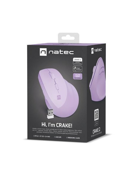 Mysz Wertykalna Natec Crake 2 Bezprzewodowa 2400Dpi Bluetooth 5.2 + 2.4Ghz Pure Lavender