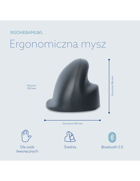 R-Go Tools Mysz Pionowa R-Go He Basic, Mysz Ergonomiczna, Rozmiar Medium (Długość Dłoni 165-185 Mm), Dla Leworęcznych, Bluetooth