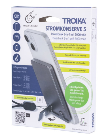 Troika Pop50 5000 Mah Bezprzewodowe Ładowanie Szary, Czarny