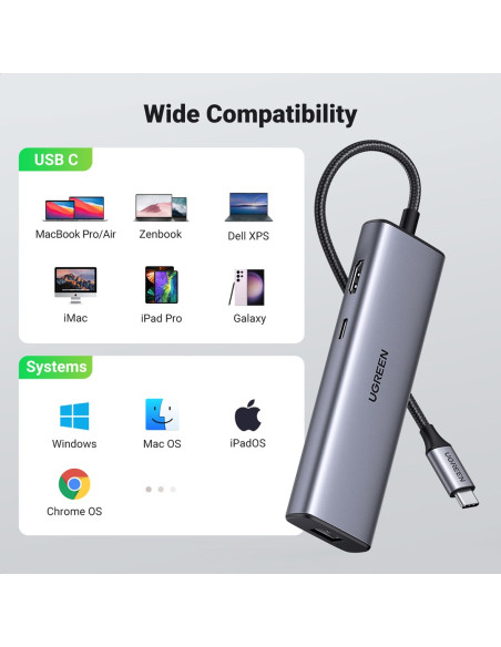 Ugreen Usb-C To 2*Usb3.0+Hdmi+Rj 45+Sd&Tf+Pd Port Hub