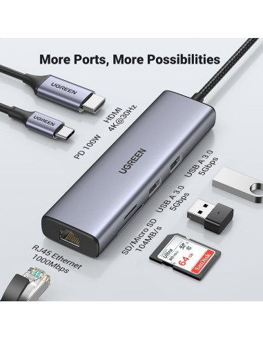 Ugreen Usb-C To 2*Usb3.0+Hdmi+Rj 45+Sd&Tf+Pd Port Hub