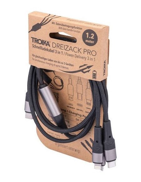 Troika Dreizack Pro Kabel Usb 1,2 M Usb C Usb C/Micro Usb-A/Lightning 100 W Czarny, Szary