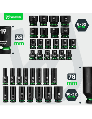 Zestaw Nasadek Udarowych Długich 35 Sztuk 1/2" 6-Kątne Wuber