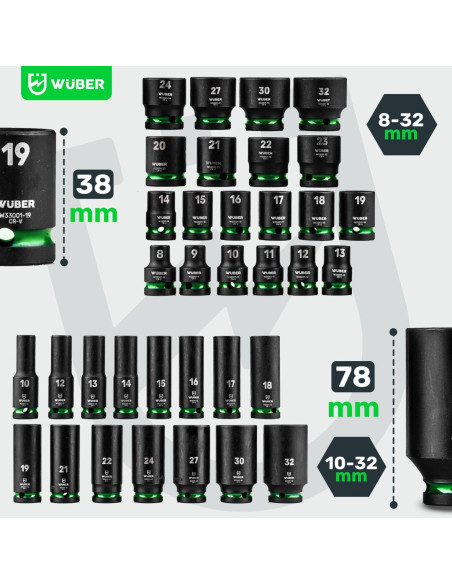 Zestaw Nasadek Udarowych Długich 35 Sztuk 1/2" 6-Kątne Wuber