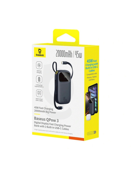 Baseus Enerfill Fc31 Powerbank Z Wyświetlaczem Cyfrowym Z 2 Wbudowanymi Kablami Usb-C 20000Mah 45W Czarny