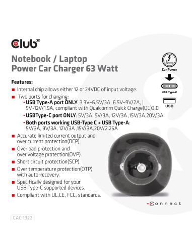 Club3D Cac-1922 Ładowarka Do Urządzeń Przenośnych Laptop Czarny Zapalniczka Automatyczna