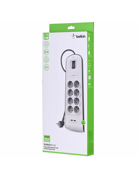 Listwa Zasilająca Belkin Power Surge 8-Port + 2Xusb-A 18W 900J 2M Grey/White