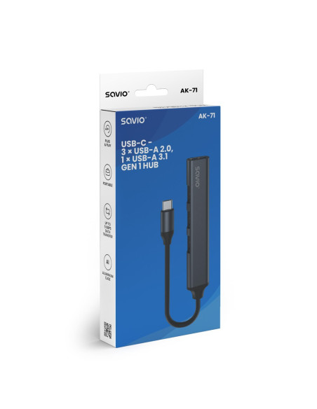 Savio Hub Usb-A - 3 X Usb-A 2.0, 1 X Usb-A 3.0, Szary Ak-70