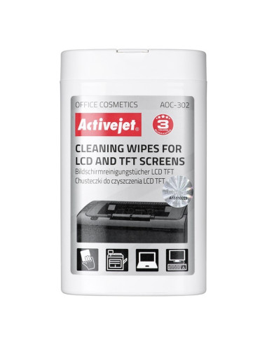 Activejet Aoc-302 Chusteczki Do Matryc Lcd. (100 Szt.) Nawilżane Chusteczki Do Matryc, Usuwające Wszelkiego Rodzaju Zanieczyszcz