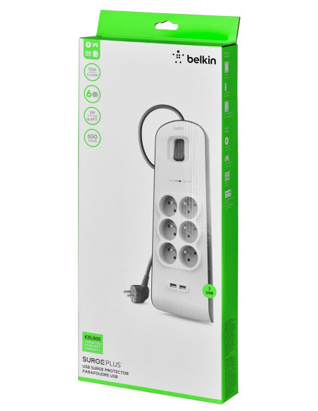 Listwa Zasilająca Belkin Power Surge 6-Port + 2Xusb-A 2.4A 650J 2M Grey/White