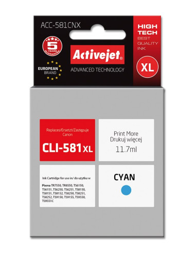 Activejet Acc-581Cnx Tusz (Zamiennik Do Drukarki Canon Cli-581Xlc  Supreme  11,70 Ml  Niebieski)