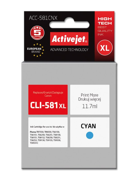 Activejet Acc-581Cnx Tusz (Zamiennik Do Drukarki Canon Cli-581Xlc  Supreme  11,70 Ml  Niebieski)