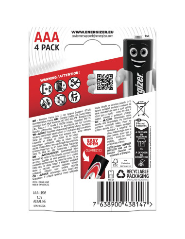 Energizer Baterie Alkaliczne Max Aaa Lr03, 4 Sztuki, Opakowanie Eco