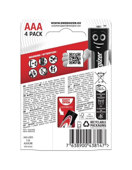 Energizer Baterie Alkaliczne Max Aaa Lr03, 4 Sztuki, Opakowanie Eco