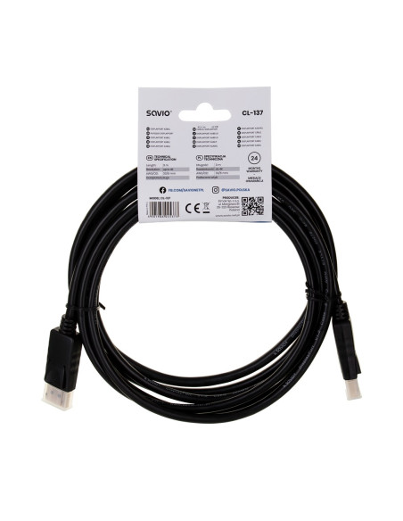 Kabel Savio Cl-137 (Displayport M - Displayport M  3M  Kolor Czarny)