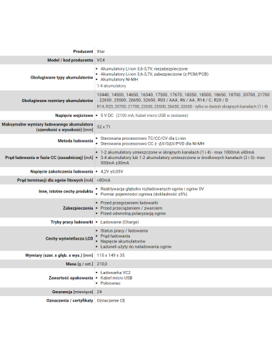 Xtar Ładowarka Do Akumulatorów Cylindrycznych Li-Ion Vc4