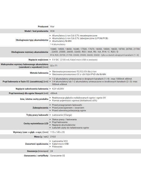 Xtar Ładowarka Do Akumulatorów Cylindrycznych Li-Ion Vc4
