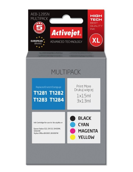 Activejet Aeb-1285N Tusz (Zamiennik Epson T1281, T1282, T1283, T1284  Supreme  1 X 15 Ml, 3 X 13 Ml  Czarny, Czerwony, Niebieski