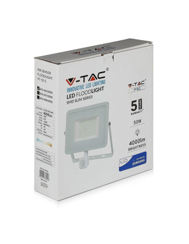 Projektor Led V-Tac Vt-50-S-W 50W Samsung Chip Czujnik Ruchu 3000K 4000Lm (Sku 466) Biały