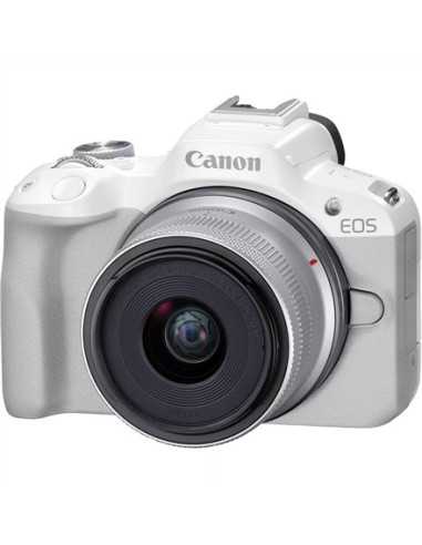 Canon Eos R50, White + Rf-S 18-45Mm F4.5-6.3 Is Stm Kit Bezlusterkowiec 24,2 Mp Cmos 6000 X 4000 Px Biały