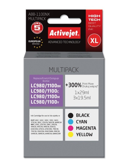 Activejet Abb-1100Nx Tusz  (Zamiennik Brother Lc1100/980  Supreme  1 X 29 Ml, 3 X 19.5 Ml  Czarny, Czerwony, Niebieski, Żółty)