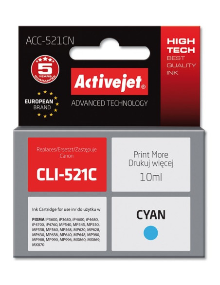 Activejet Acc-521Cn Tusz (Zamiennik Canon Cli-521C  Supreme  10 Ml  Niebieski)