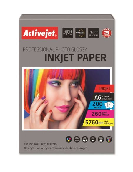 Activejet Ap6-260Gr200 Papier Fotograficzny Błyszczący  Idealny Do Wydrukowania Zdjęć, Kolorowego Wspomnienia, 10X15  (A6  200 S
