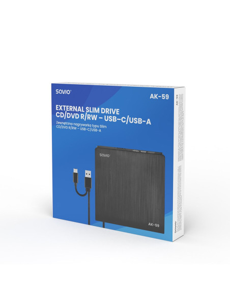 Savio Nagrywarka Zewnętrzna Typu Slim Cd/Dvd R/Rw - Usb C/Usb-A, Ak-59
