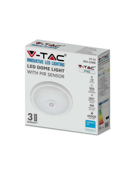 Plafon Led V-Tac Samsung Chip 12W Czujnik Ruchu Vt-13 Sku21808 4000K 900Lm 3 Lata Gwarancji