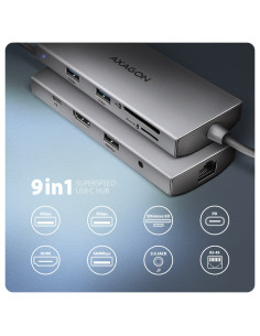 Axagon Hmc-8Hlsa Wieloportowy Koncentrator Usb-C 3.2 Gen 1, 3X Usb-A + 4K/60Hz Hdmi + Sd/Microsd, Gigabit Lan, Audio, Pd 100W - 2