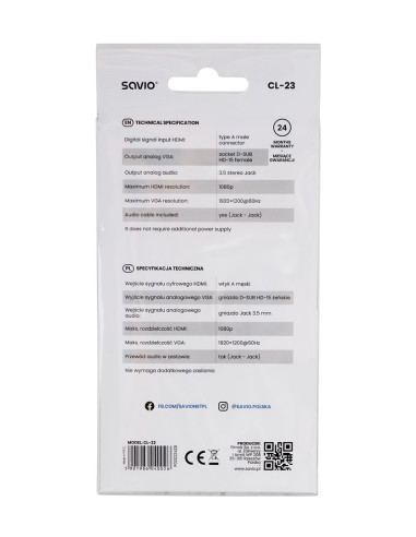 Adapter Savio Cl-23 (Hdmi M - D-Sub (Vga) F  0,20M  Kolor Czarny)