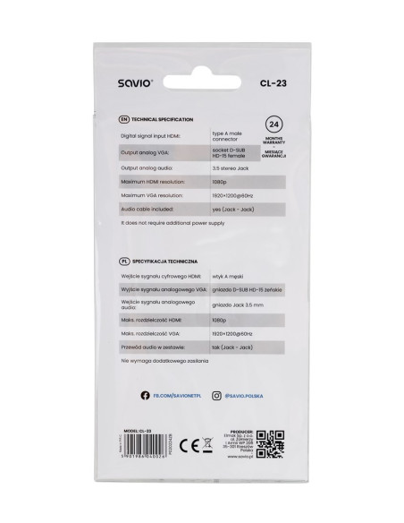 Adapter Savio Cl-23 (Hdmi M - D-Sub (Vga) F  0,20M  Kolor Czarny)