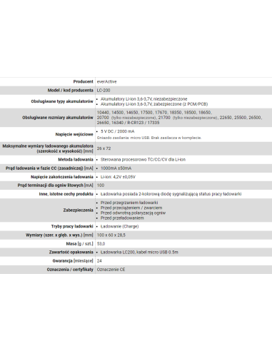 Everactive Ładowarka Do Akumulatorków Cylindrycznych Li-Ion Lc200