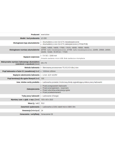 Everactive Ładowarka Do Akumulatorków Cylindrycznych Li-Ion Lc200