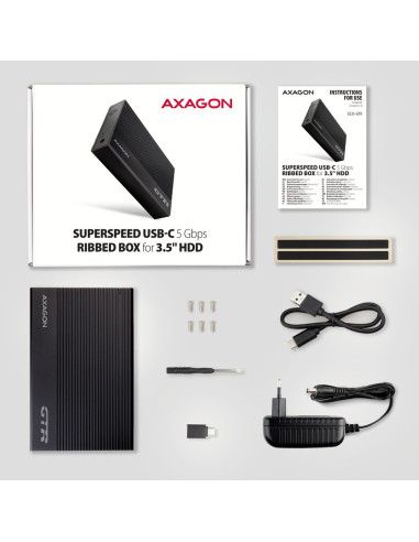 Axagon Ee35-Gtr Usb-C 3.2 Gen 1 - Sata 6G, Obudowa Zewnętrznego Dysku Twardego 3.5", Ryflowana - Czarna