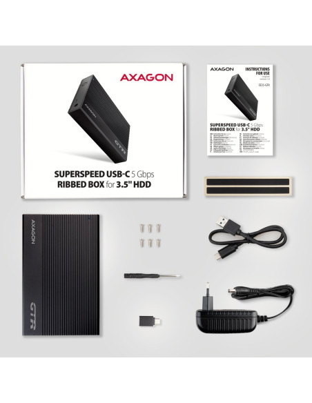 Axagon Ee35-Gtr Usb-C 3.2 Gen 1 - Sata 6G, Obudowa Zewnętrznego Dysku Twardego 3.5", Ryflowana - Czarna