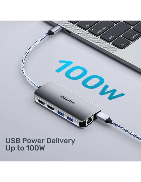 Unitek Aktywny Hub Usb-C 2X Hdmi, Czytnik Sd, 4K, Rj-45, Pd 100W, 5 Gbps