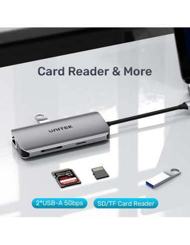 Unitek Aktywny Hub Usb-C 2X Hdmi, Czytnik Sd, 4K, Rj-45, Pd 100W, 5 Gbps